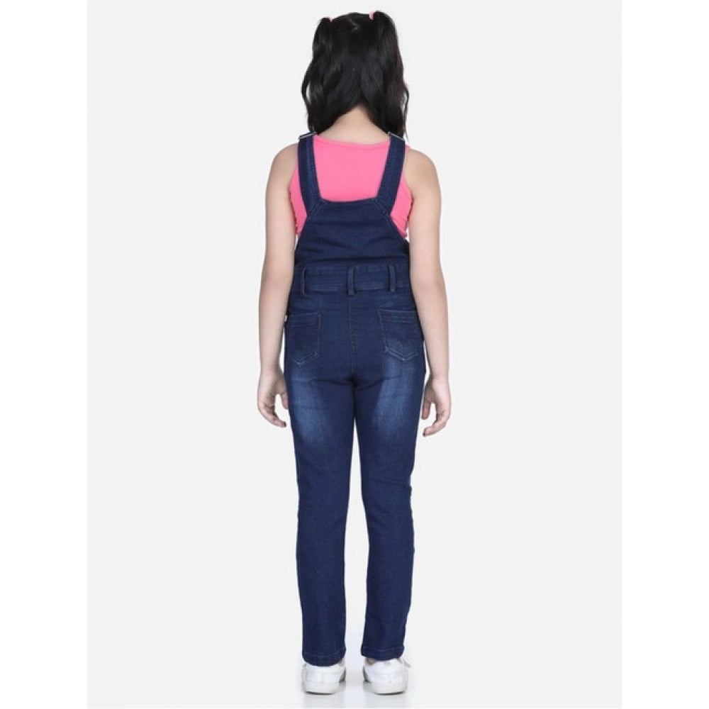Girl's Denim Distressed Buttoned Dungaree — Blue