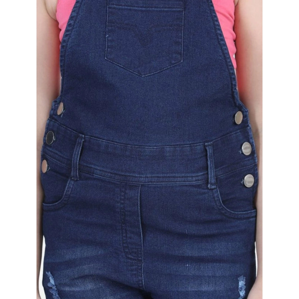 Girl's Denim Distressed Buttoned Dungaree — Blue