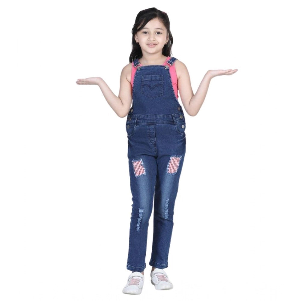 Girl's Denim Patch Work Buttoned Dungaree — Blue