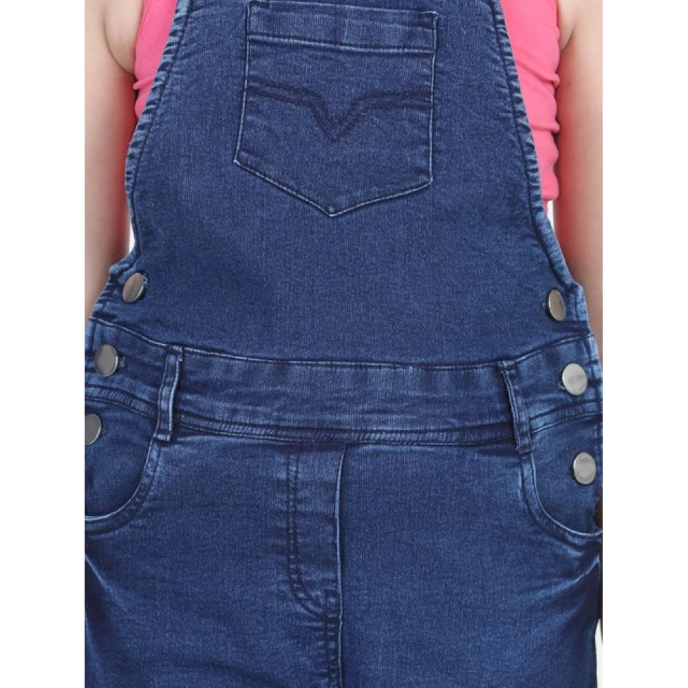 Girl's Denim Patch Work Buttoned Dungaree — Blue