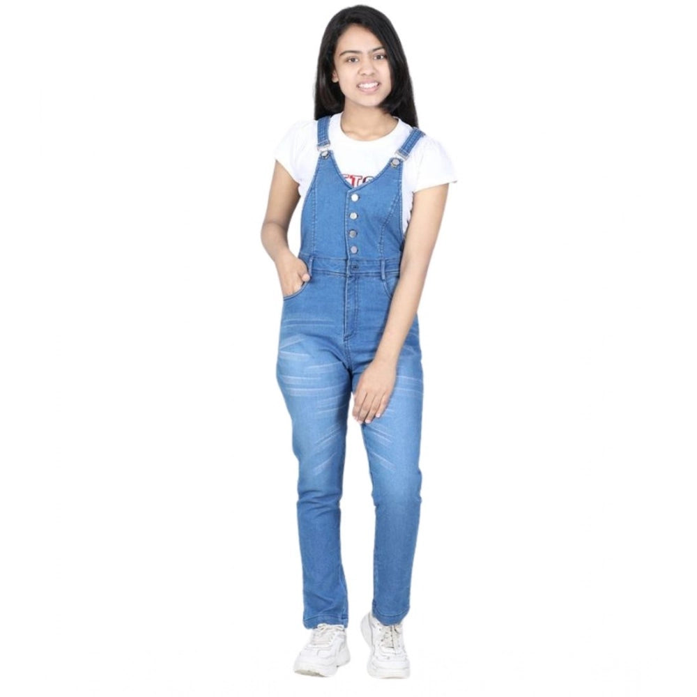 Girl's Denim Solid Buttoned Dungaree — Blue