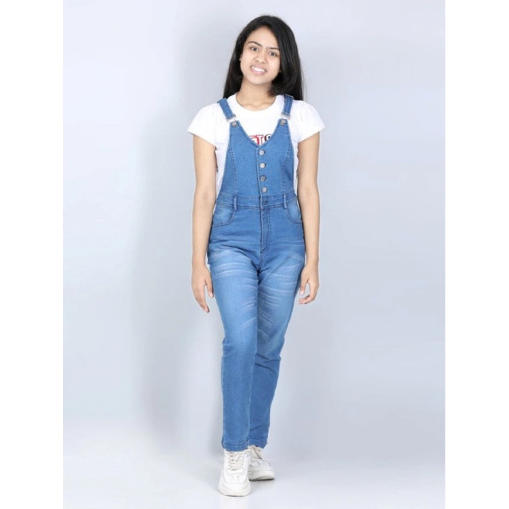 Girl's Denim Solid Buttoned Dungaree — Blue
