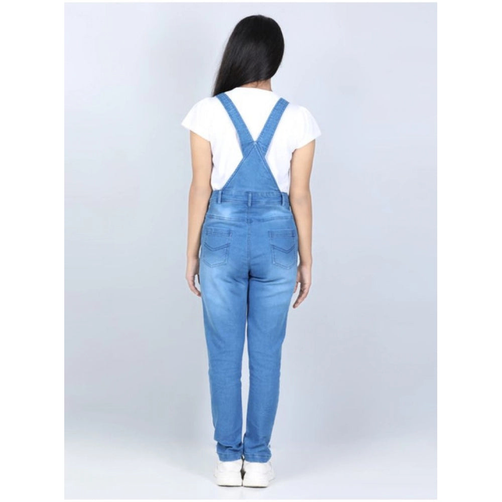 Girl's Denim Solid Buttoned Dungaree — Blue