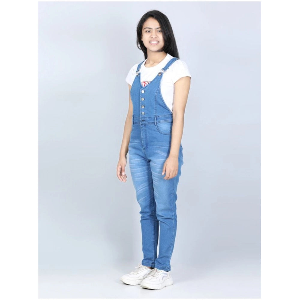 Girl's Denim Solid Buttoned Dungaree — Blue