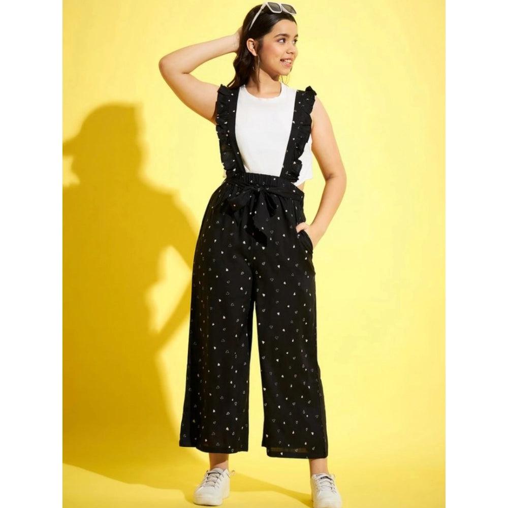 Girl's Cotton Printed Sleeveless Dungaree — Black-White