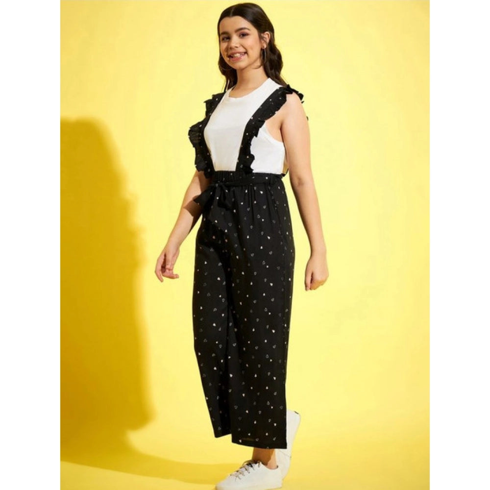 Girl's Cotton Printed Sleeveless Dungaree — Black-White