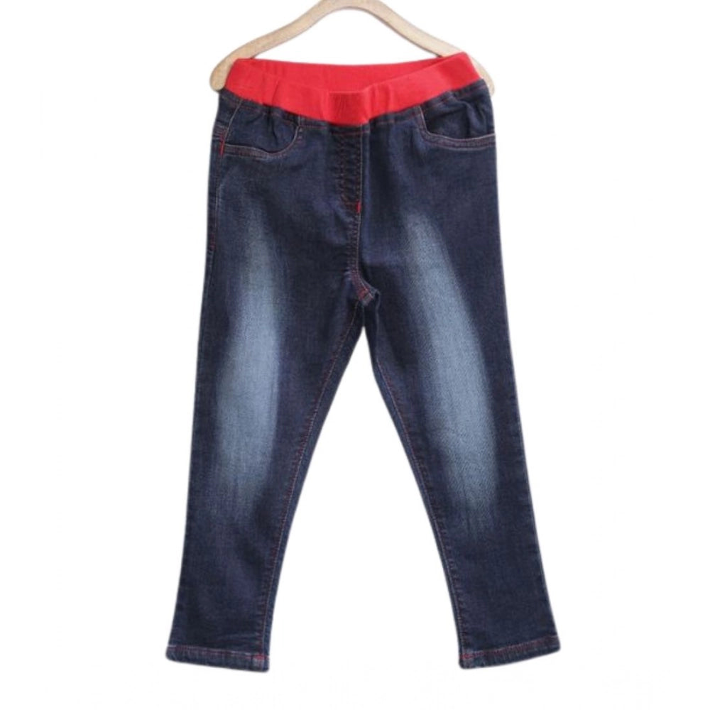 Girl's Denim Ribbed Elasticated Jeans — Red-Blue