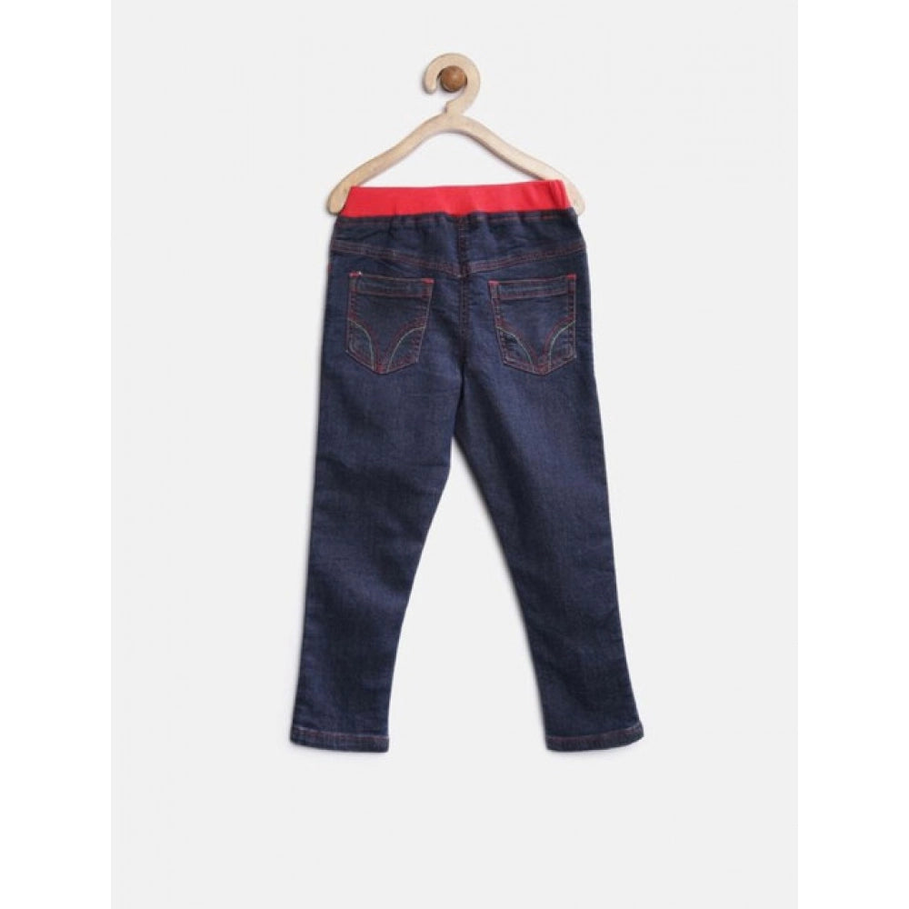 Girl's Denim Ribbed Elasticated Jeans — Red-Blue