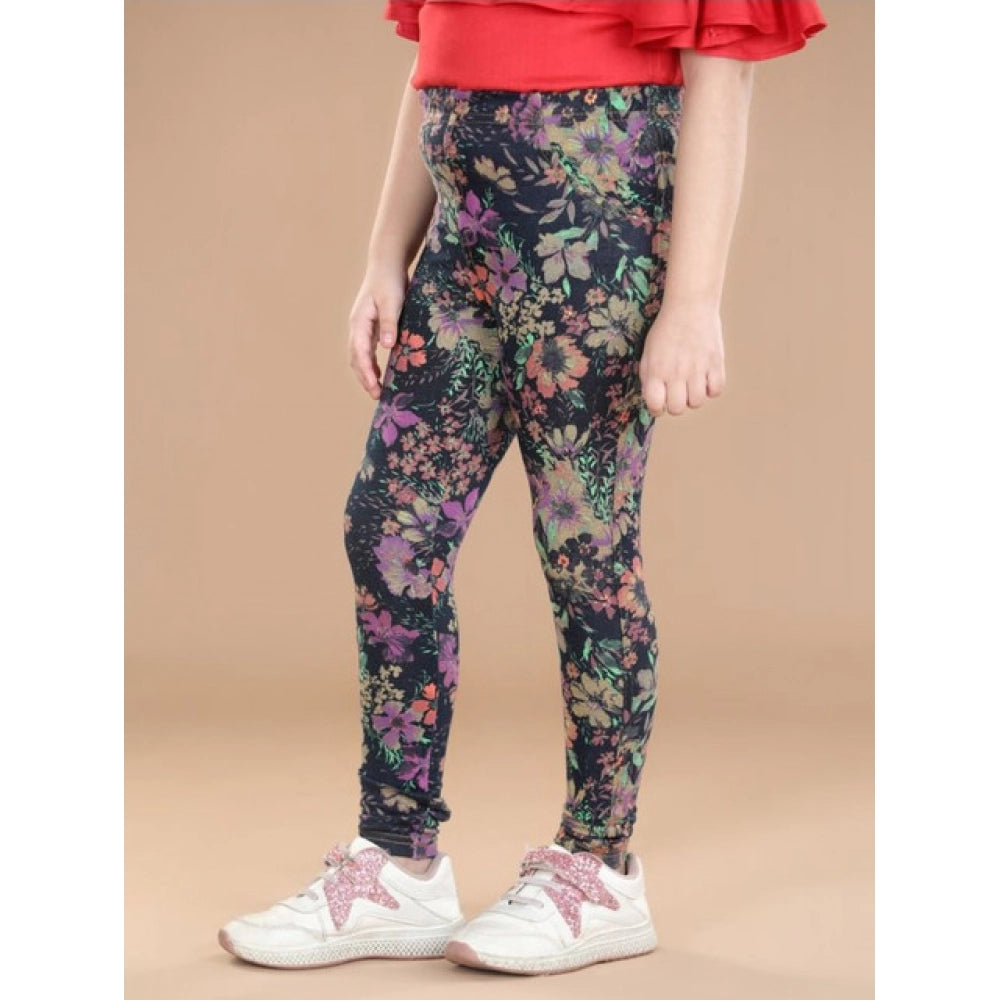 Girl's Cotton Lycra Floral Elasticated Jeggings · -YRS