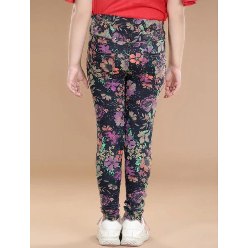 Girl's Cotton Lycra Floral Elasticated Jeggings · -YRS