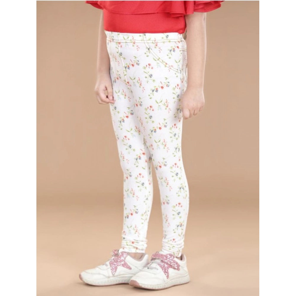 Girl's Cotton Lycra Floral Elasticated Jeggings — White-Green
