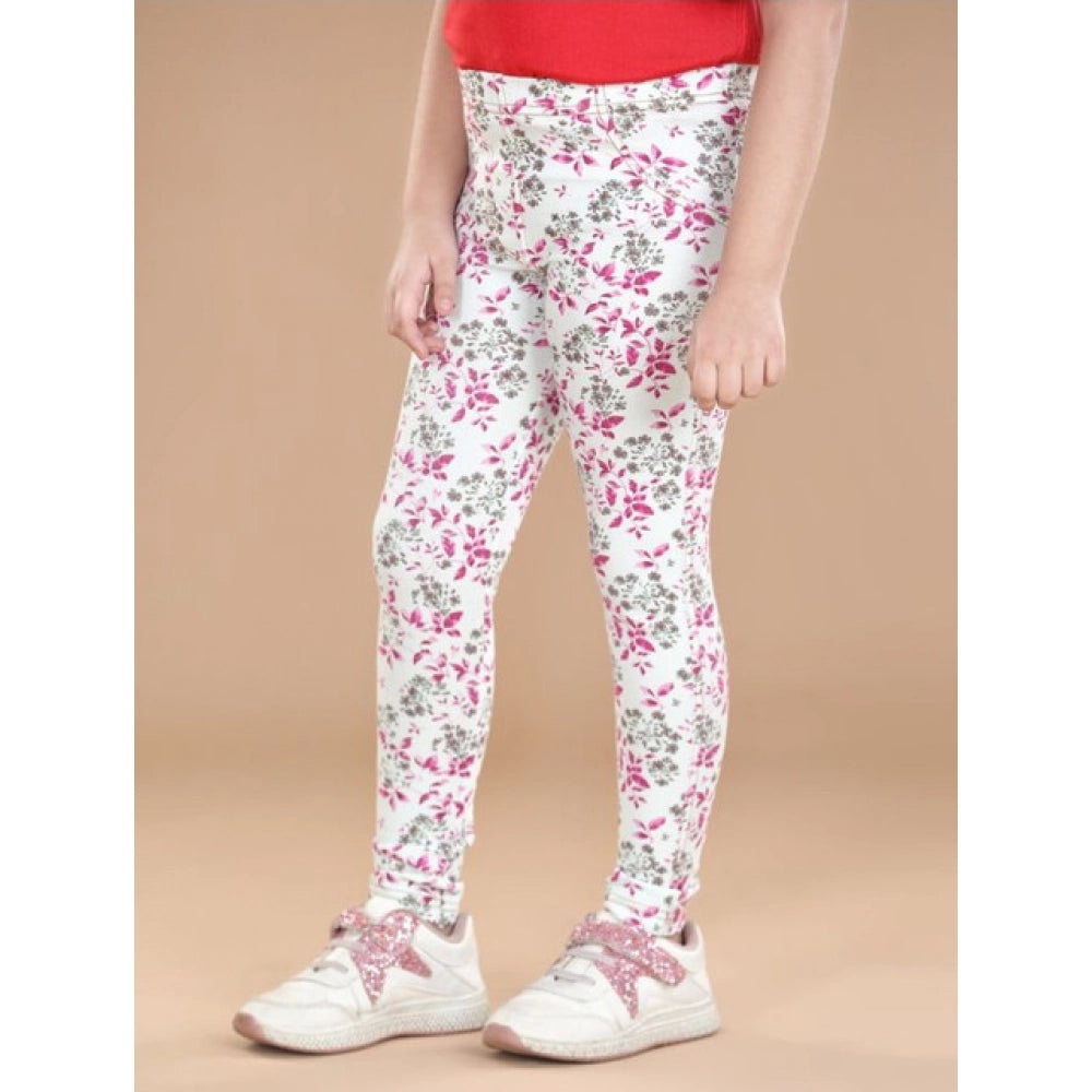 Girl's Cotton Lycra Floral Elasticated Jeggings — White-Pink