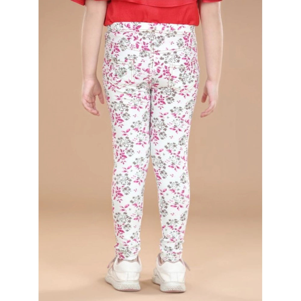 Girl's Cotton Lycra Floral Elasticated Jeggings — White-Pink