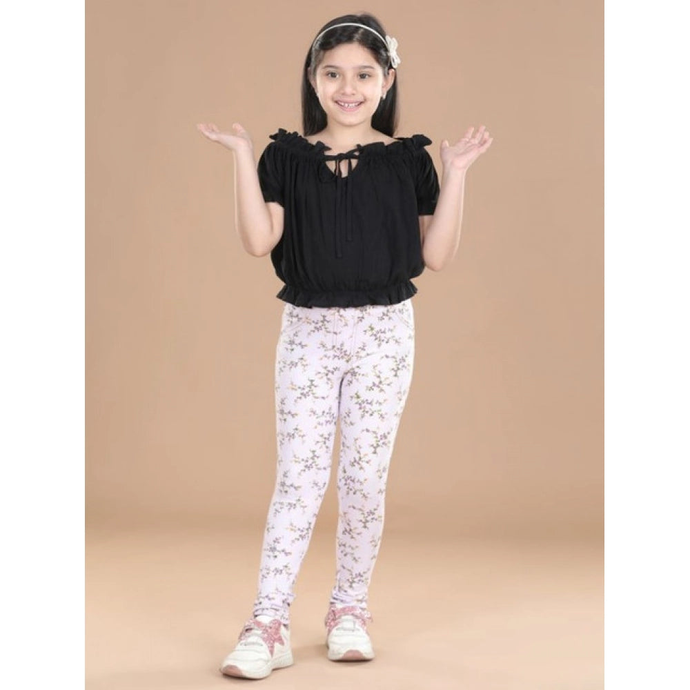 Girl's Cotton Lycra Floral Elasticated Jeggings · -YRS