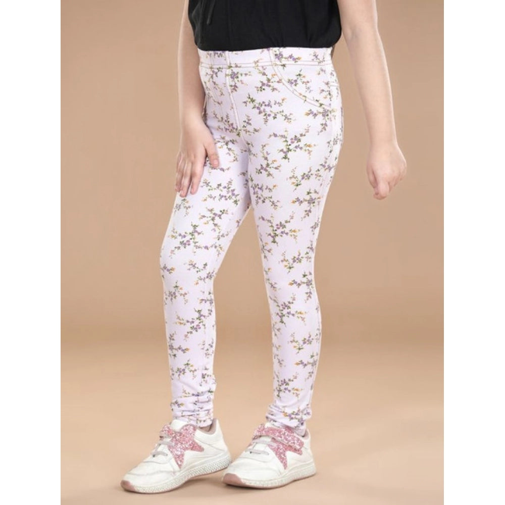 Girl's Cotton Lycra Floral Elasticated Jeggings · -YRS