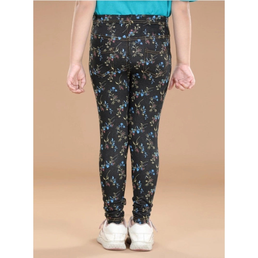 Girl's Cotton Lycra Floral Elasticated Jeggings · -YRS