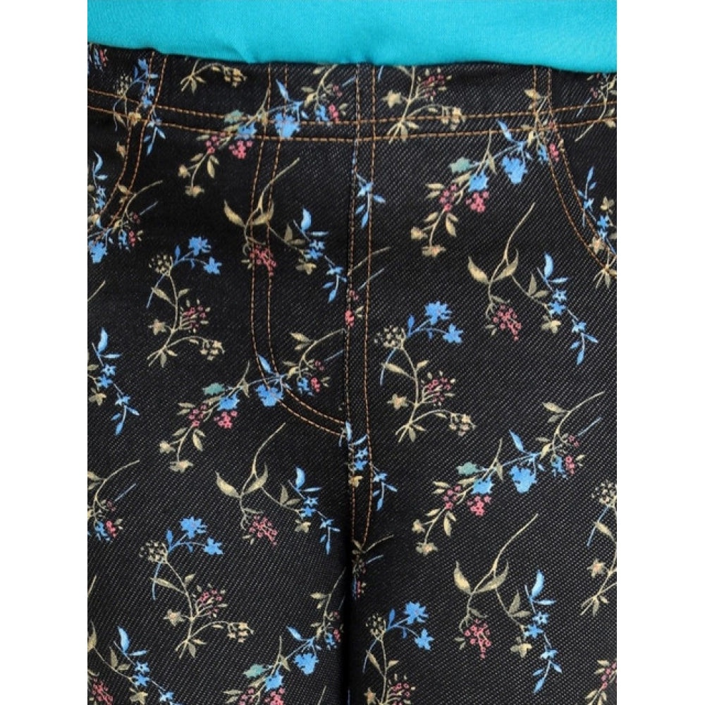 Girl's Cotton Lycra Floral Elasticated Jeggings · -YRS