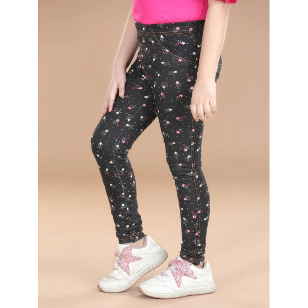 Girl's Cotton Lycra Floral Elasticated Jeggings · -YRS