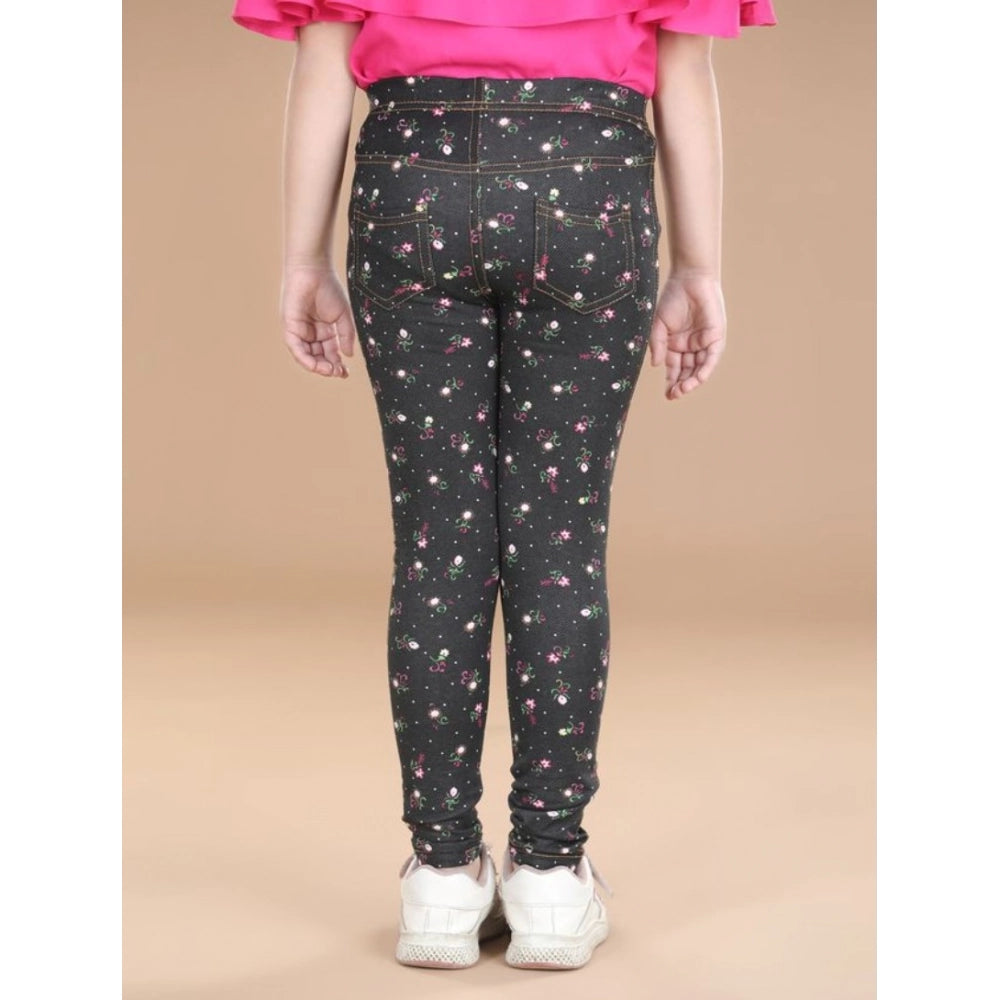 Girl's Cotton Lycra Floral Elasticated Jeggings · -YRS