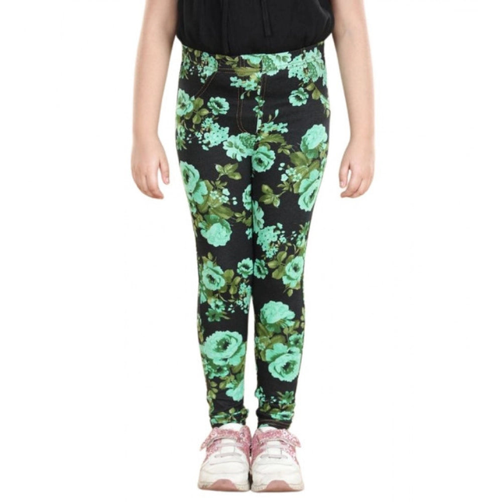 Girl's Cotton Lycra Floral Elasticated Jeggings — Black-Green