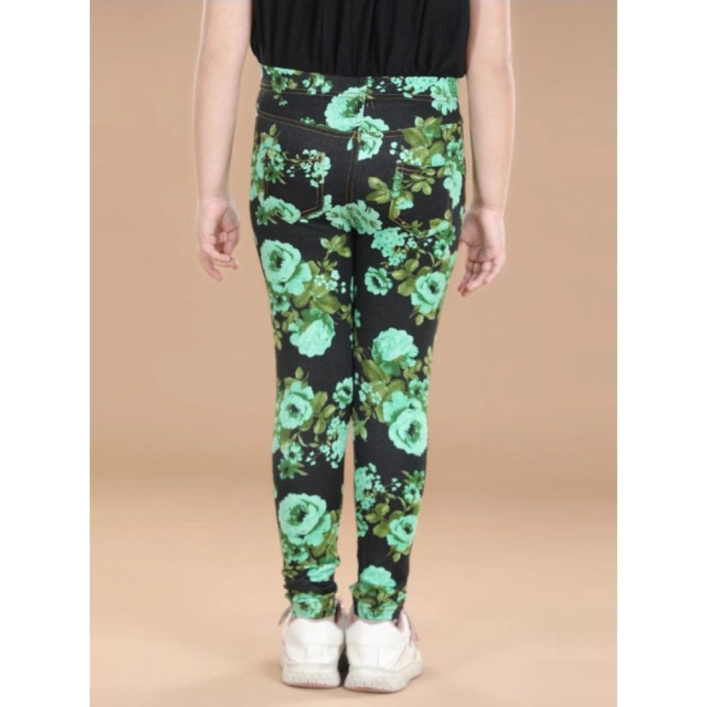 Girl's Cotton Lycra Floral Elasticated Jeggings — Black-Green