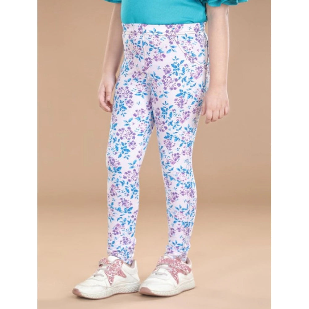Girl's Cotton Lycra Floral Elasticated Jeggings — White-Turquoise Blue