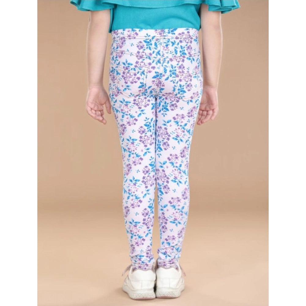 Girl's Cotton Lycra Floral Elasticated Jeggings — White-Turquoise Blue