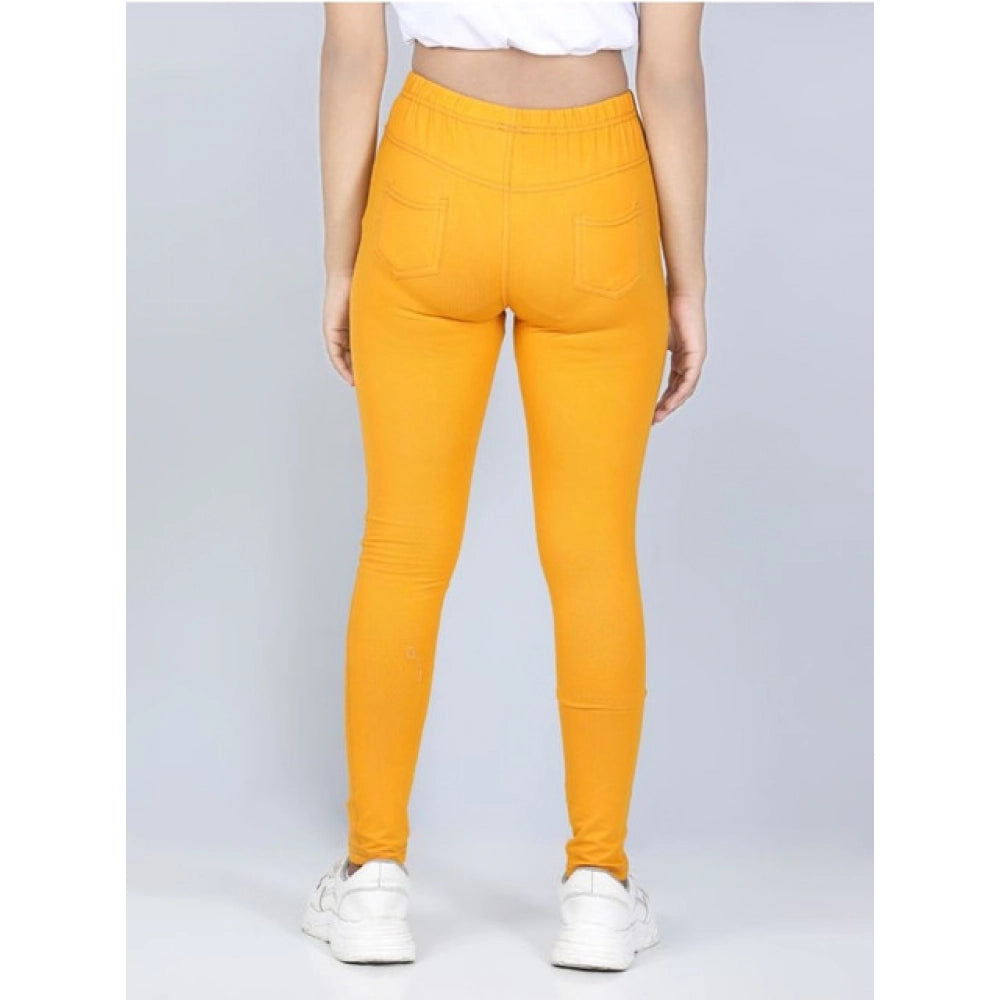 Girl's Cotton Lycra Solid Elasticated Jeggings — Mustard
