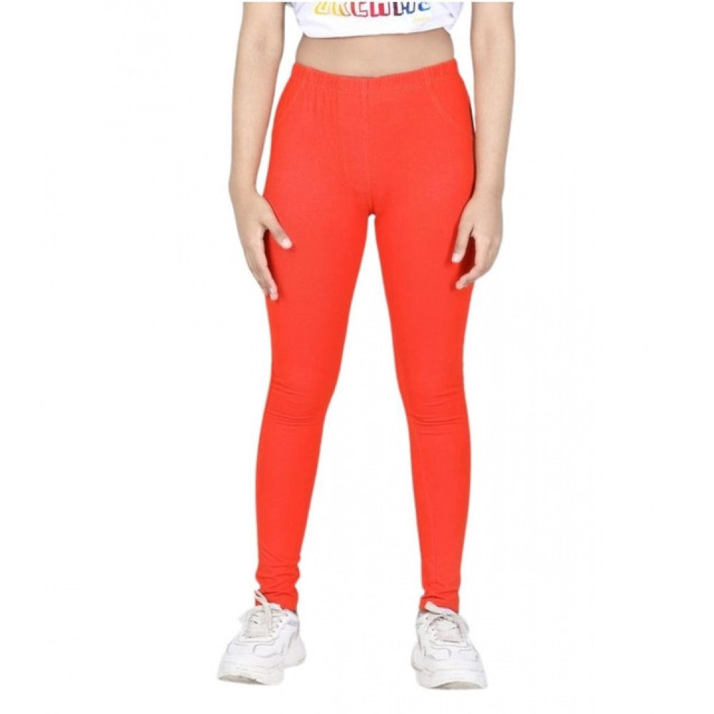 Girl's Cotton Lycra Solid Elasticated Jeggings — Orange