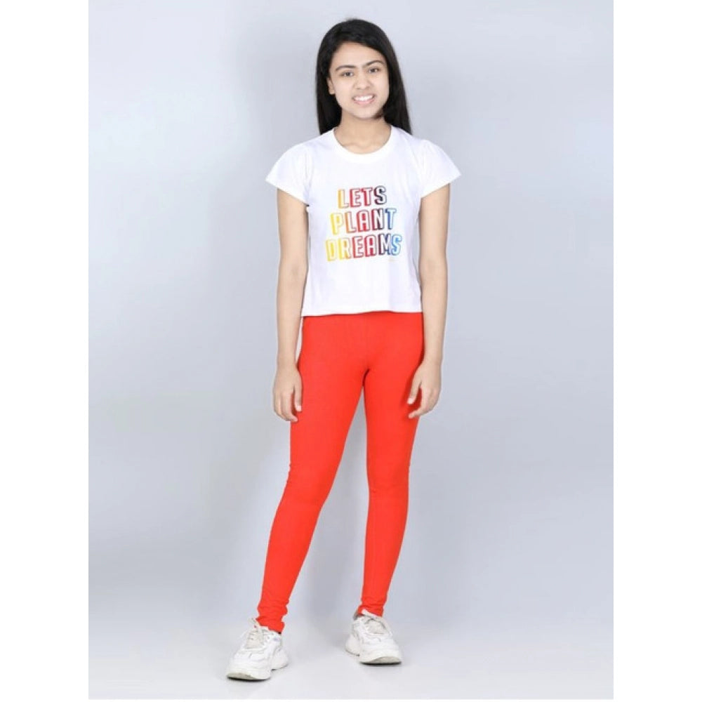 Girl's Cotton Lycra Solid Elasticated Jeggings — Orange