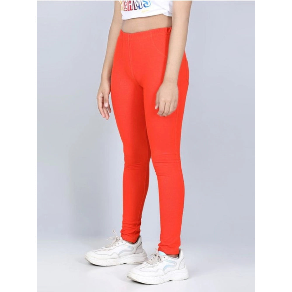Girl's Cotton Lycra Solid Elasticated Jeggings — Orange