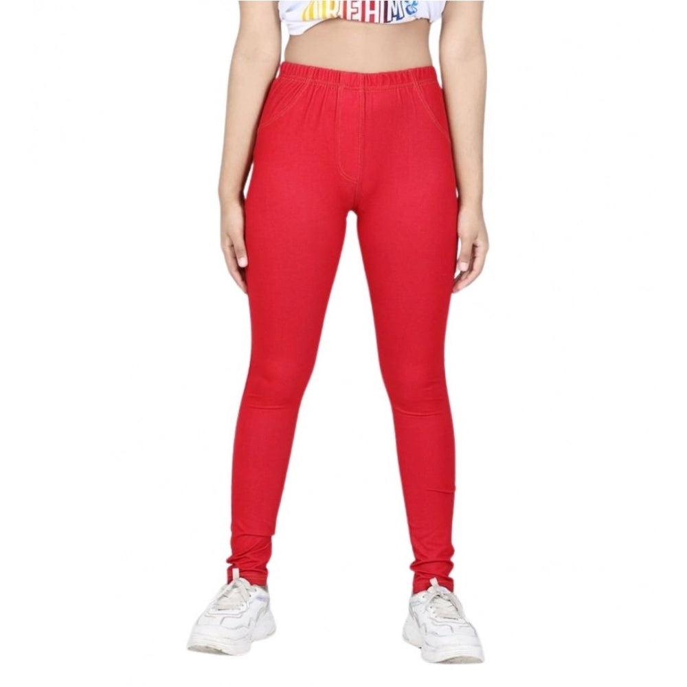 Girl's Cotton Lycra Solid Elasticated Jeggings — Red