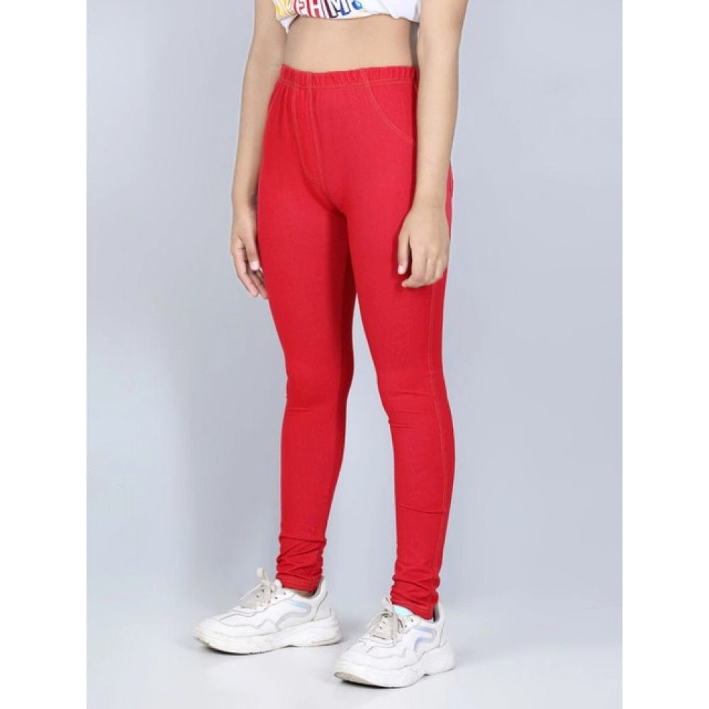 Girl's Cotton Lycra Solid Elasticated Jeggings — Red