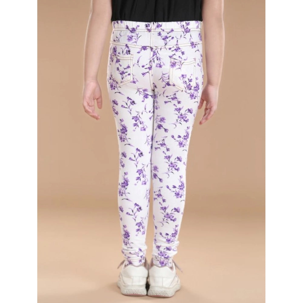 Girl's Cotton Lycra Floral Elasticated Jeggings — White-Lavender