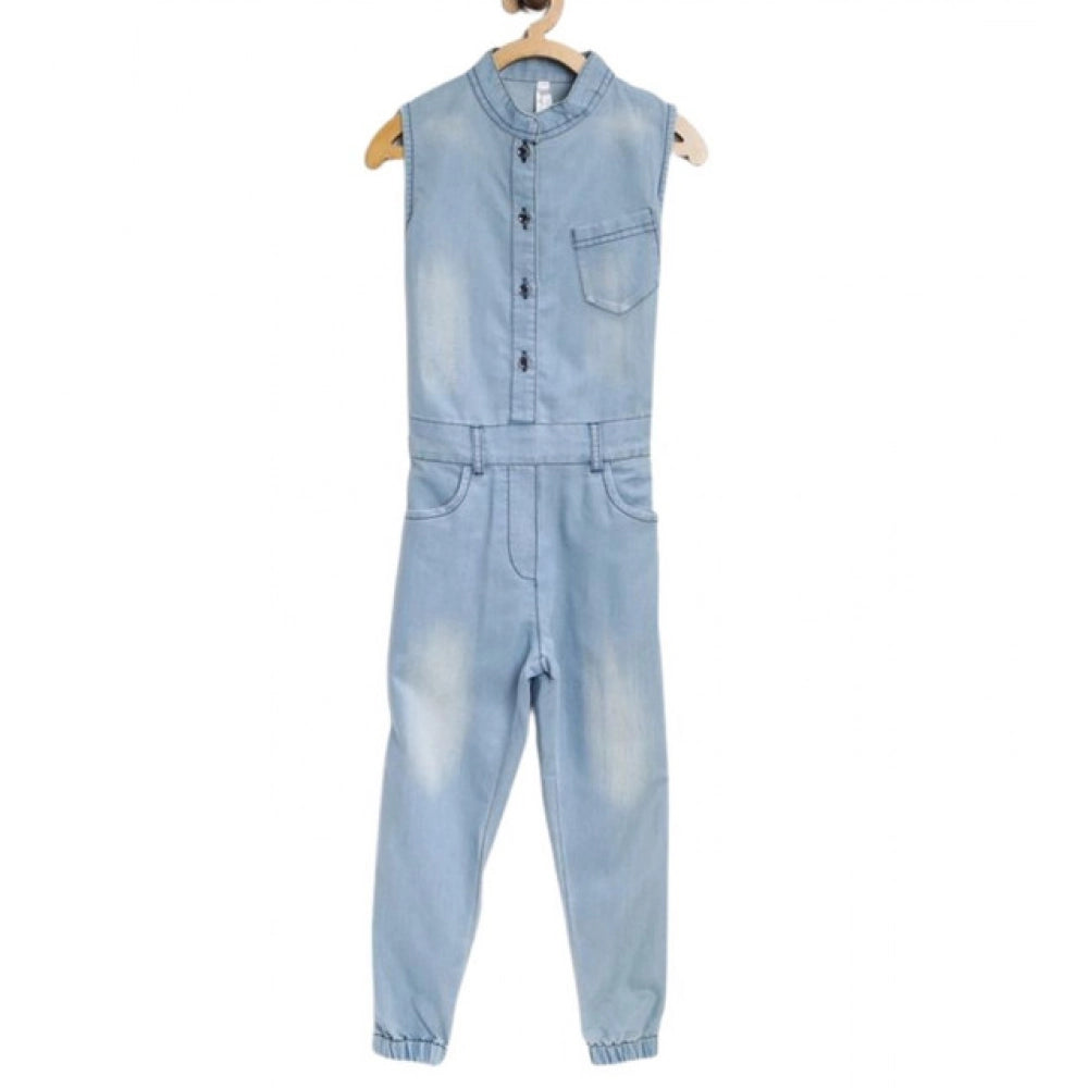 Girl's Denim Embellished Sleeveless Jumpsuit — Blue · -YRS