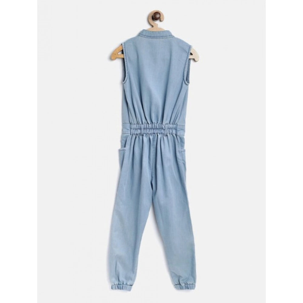 Girl's Denim Embellished Sleeveless Jumpsuit — Blue · -YRS