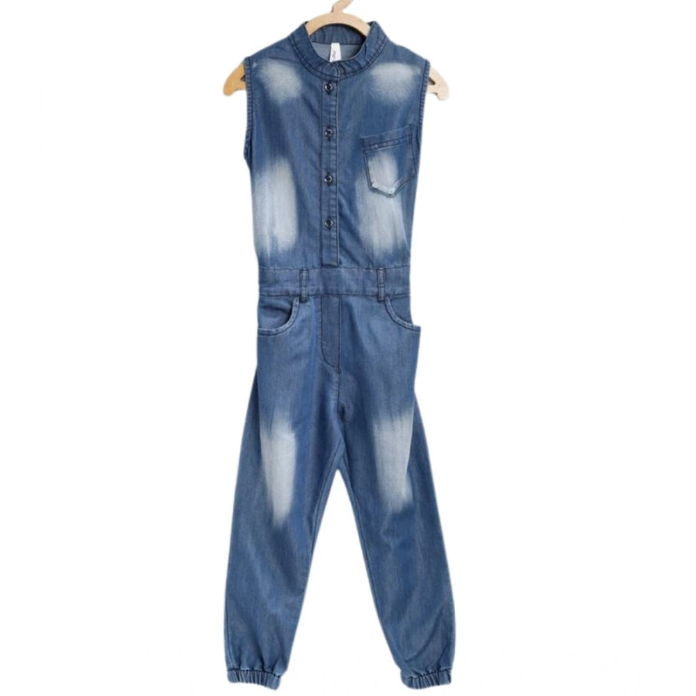 Girl's Denim Embellished Sleeveless Jumpsuit — Blue · -YRS