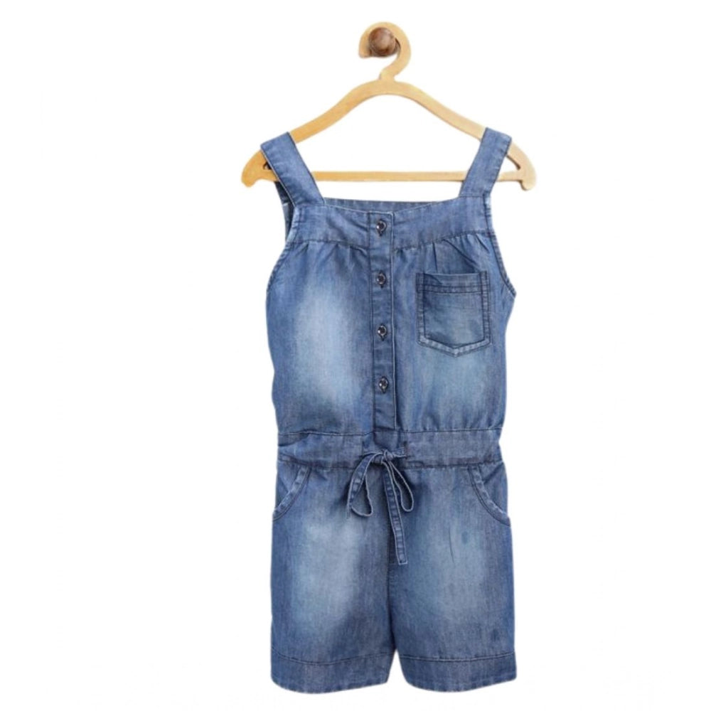 Girl's Denim Embroidered Sleeveless Jumpsuit — Blue