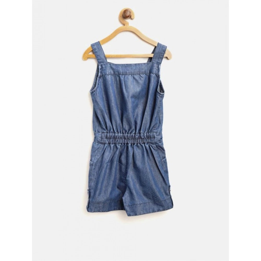 Girl's Denim Embroidered Sleeveless Jumpsuit — Blue