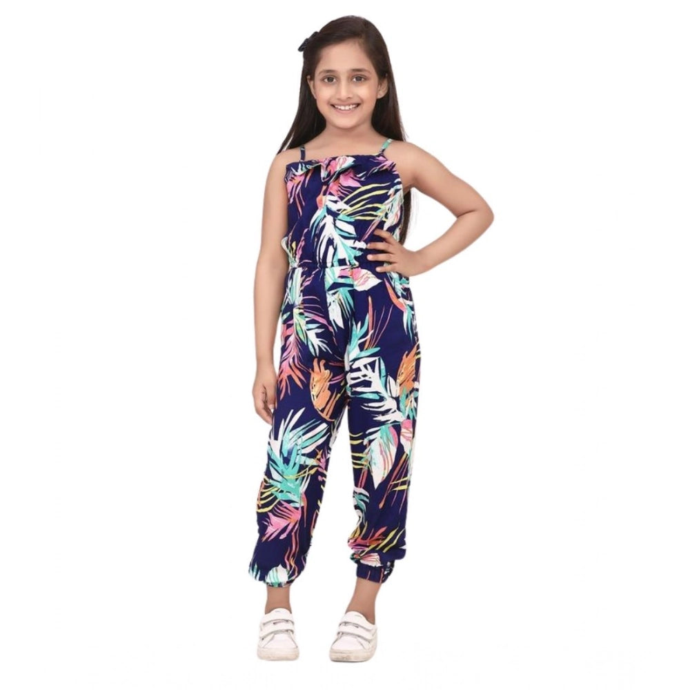 Girl's Rayon Printed Sleeveless Jumpsuit — Blue-Multicolor
