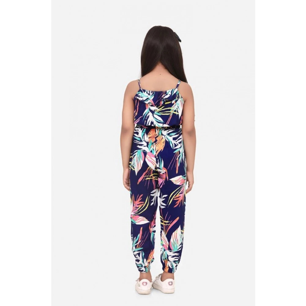 Girl's Rayon Printed Sleeveless Jumpsuit — Blue-Multicolor