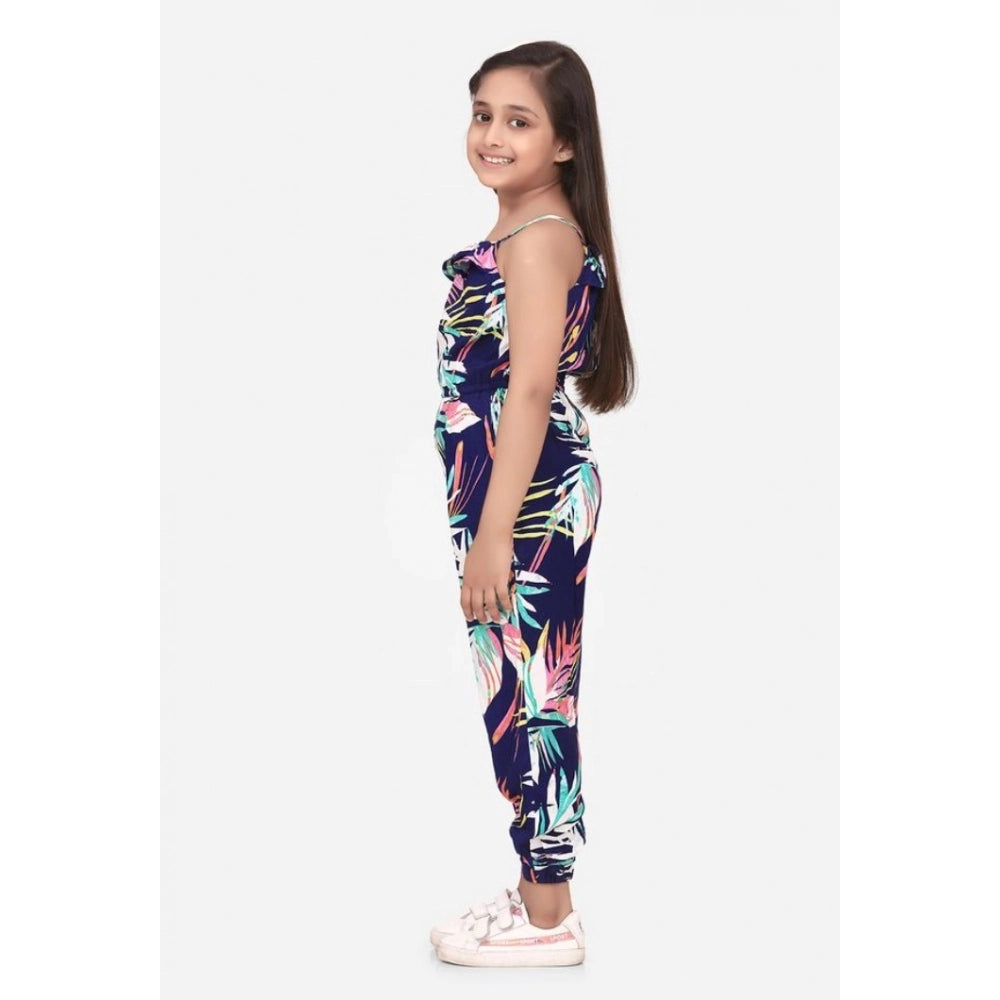 Girl's Rayon Printed Sleeveless Jumpsuit — Blue-Multicolor