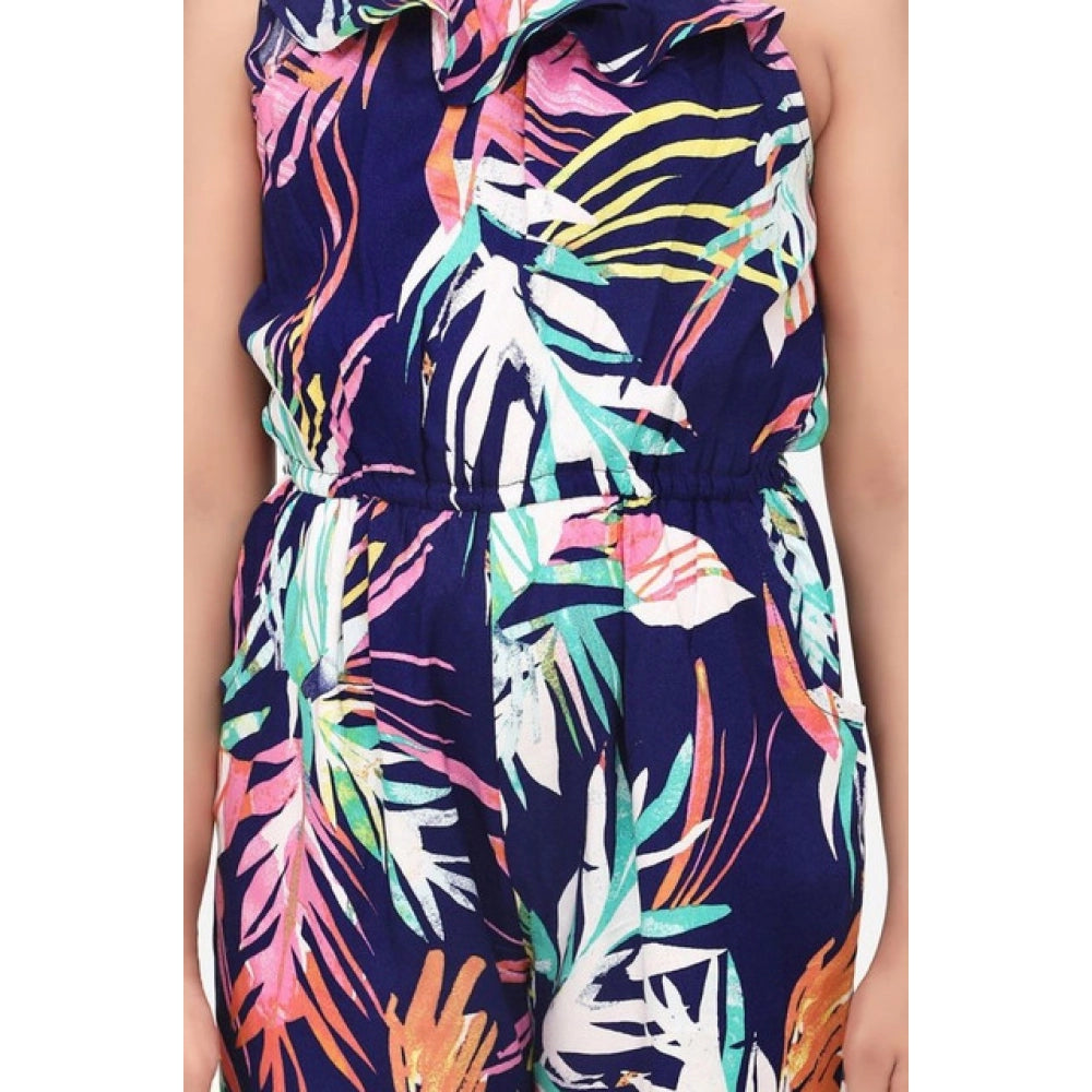 Girl's Rayon Printed Sleeveless Jumpsuit — Blue-Multicolor