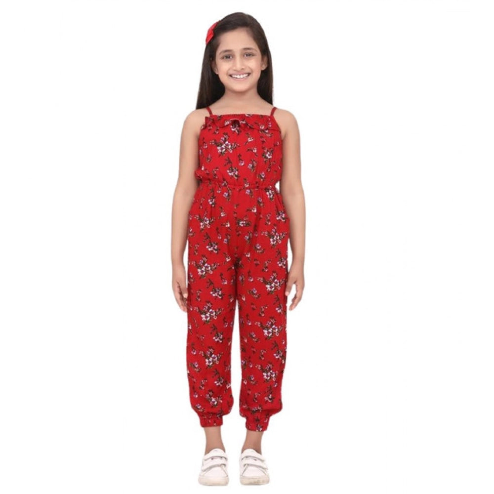 Girl's Rayon Floral Sleeveless Jumpsuit — Red