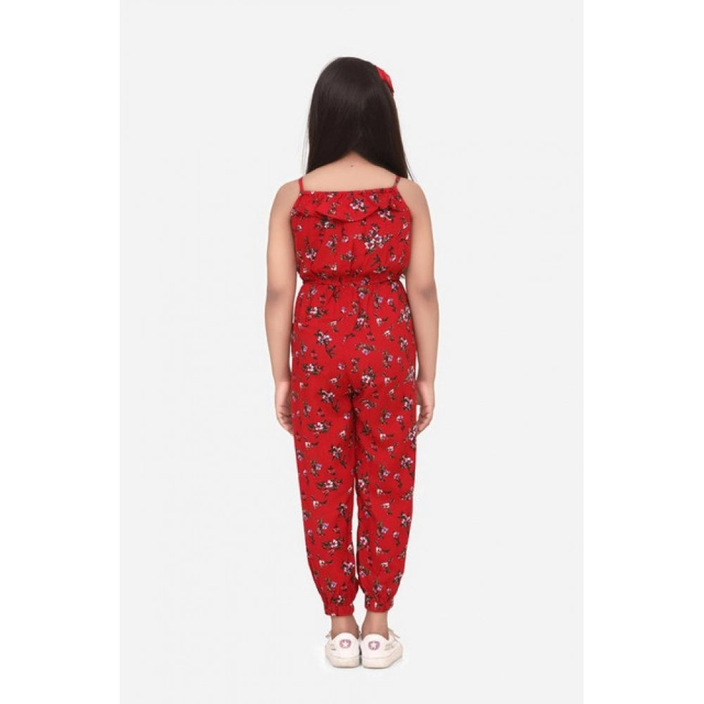 Girl's Rayon Floral Sleeveless Jumpsuit — Red