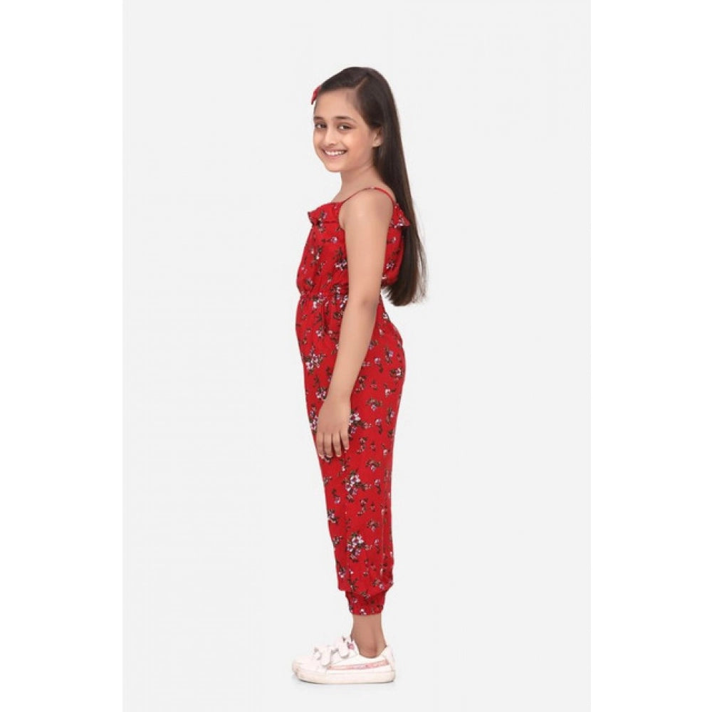 Girl's Rayon Floral Sleeveless Jumpsuit — Red