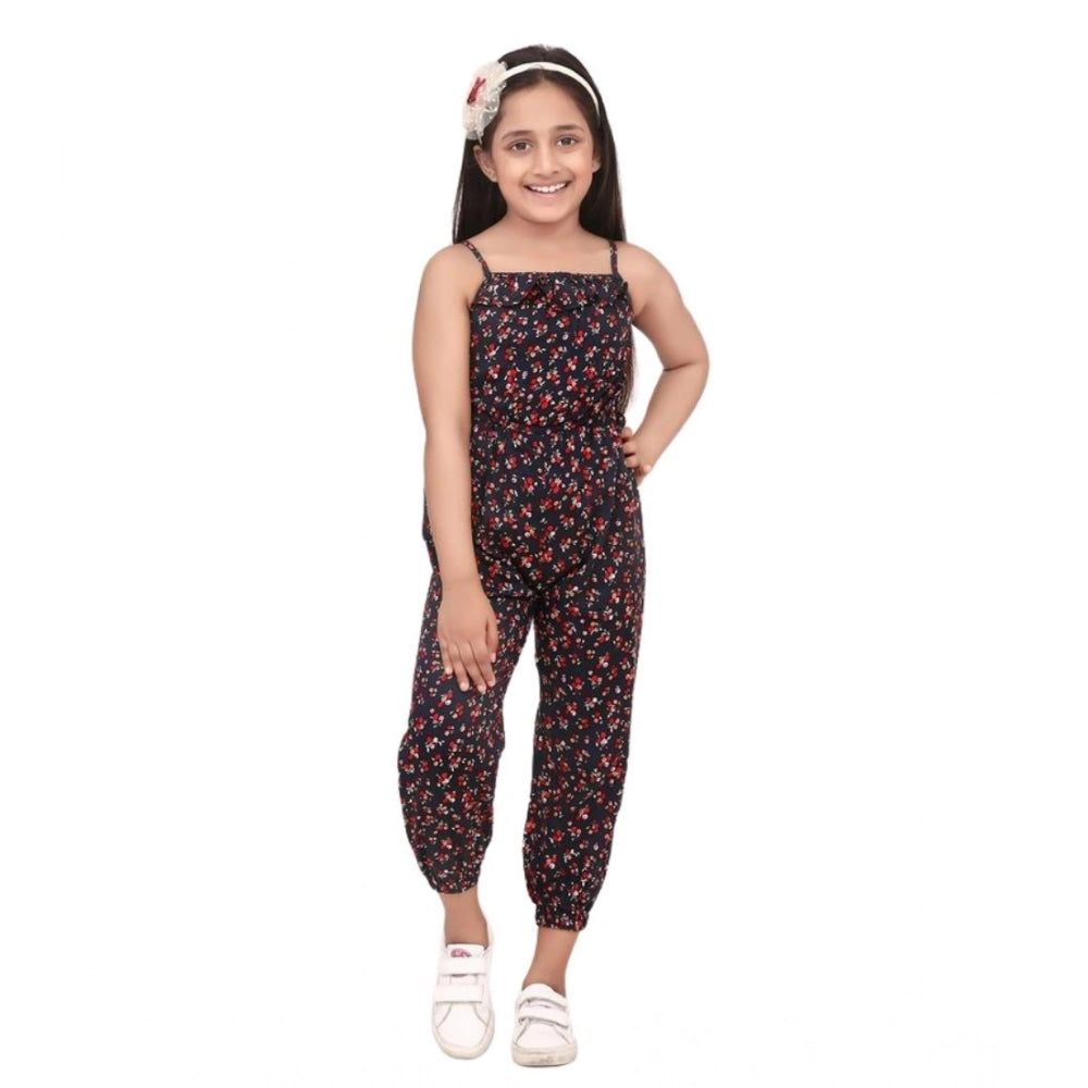 Girl's Rayon Floral Sleeveless Jumpsuit — Black-Red