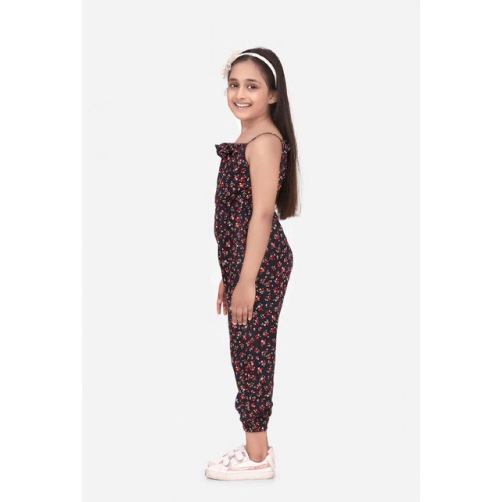Girl's Rayon Floral Sleeveless Jumpsuit — Black-Red