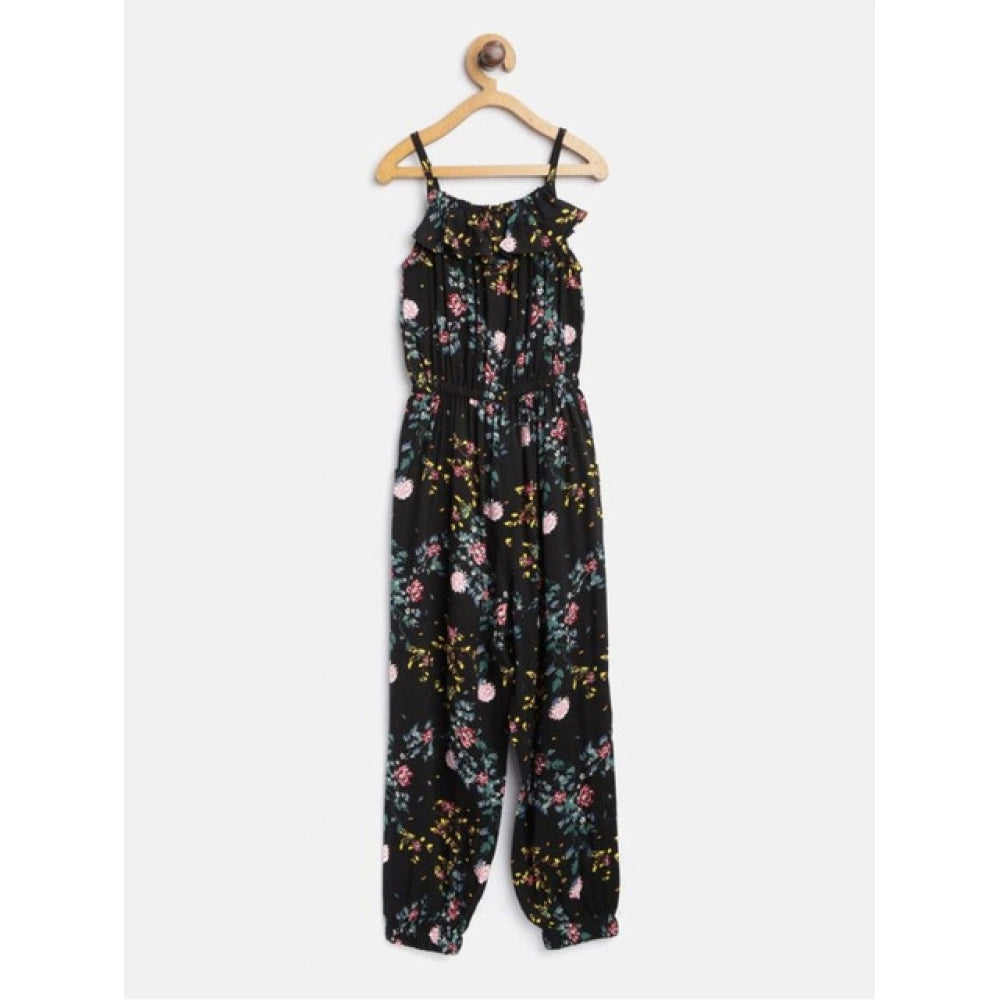 Girl's Rayon Floral Sleeveless Jumpsuit — Black-Pink
