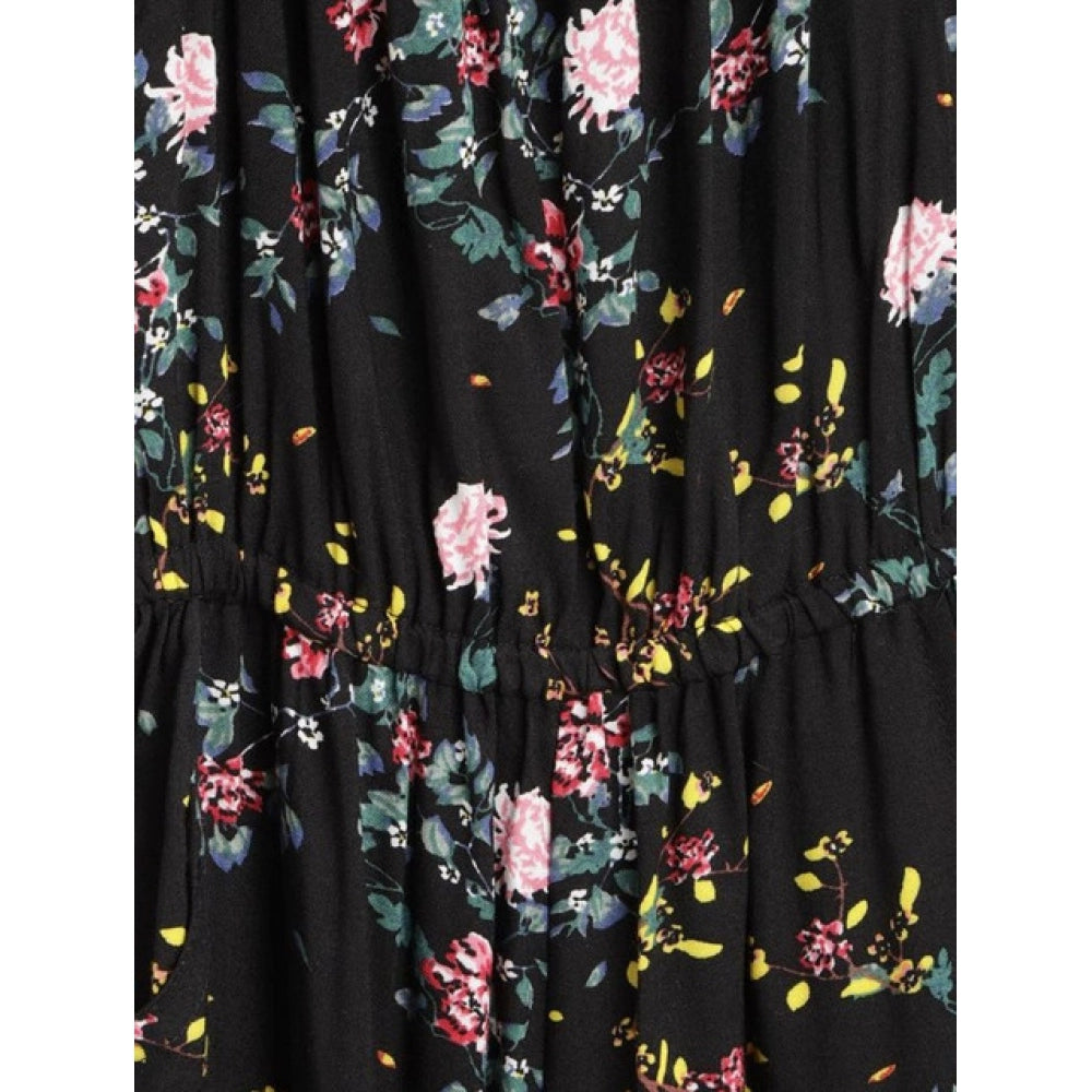 Girl's Rayon Floral Sleeveless Jumpsuit — Black-Pink